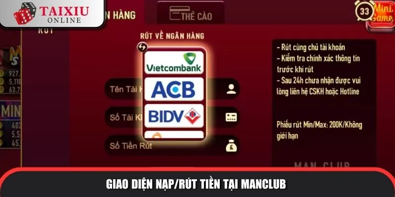 Giao diện nạp/rút tiền tại ManClub 